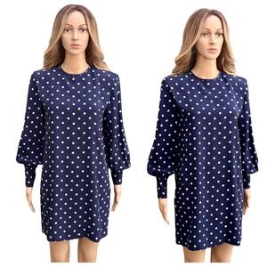 Vintage 100% SILK Shift mini Dress Stanley Sherman Polka Dot Blue White 6 Small